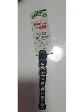 MERRY & BRIGHT CHRISTMAS HOLIDAY HO HO HO BLACK FESTIVE DOG COLLAR XS 8" - 12"